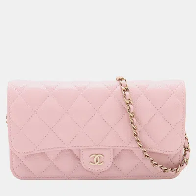 Pre-owned Chanel Pink Cc Quilted Caviar Flap Phone Holder Wallet On Chain