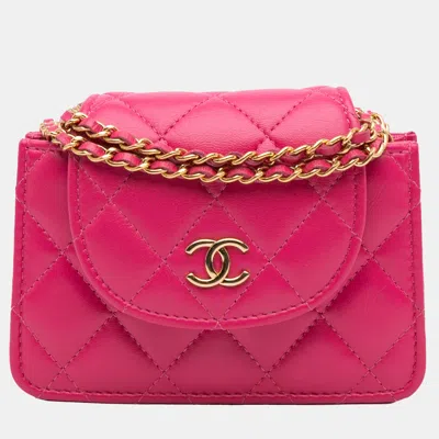 Pre-owned Chanel Pink Cc Quilted Lambskin Flap Clutch On Chain
