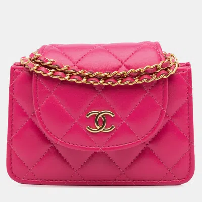 Pre-owned Chanel Pink Cc Quilted Lambskin Flap Clutch On Chain