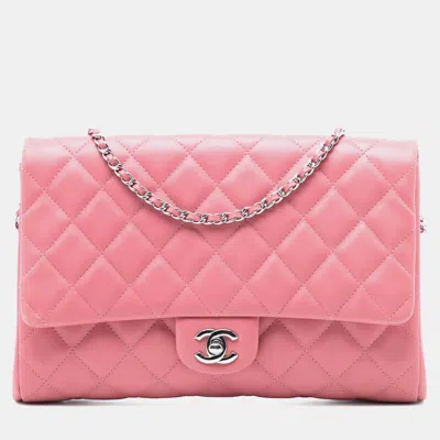 Pre-owned Chanel Pink Cc Quilted Lambskin Flap Clutch On Chain