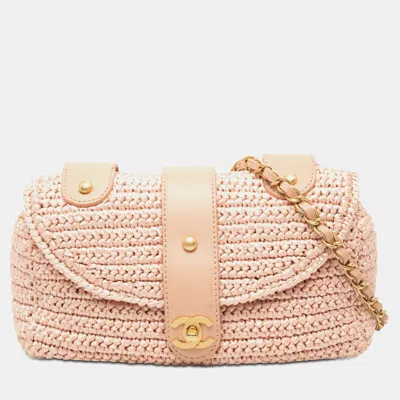 Pre-owned Chanel Pink Cc Woven Raffia Flap