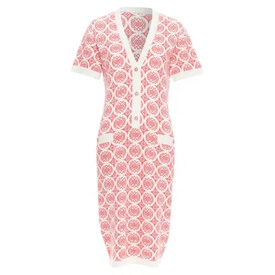 Pre-owned Chanel Pink Cream Cc Button Pattern Dress In Red