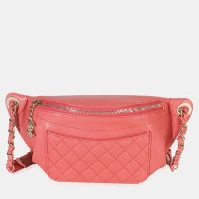 Pre-owned Chanel Pink Crumpled Glazed Quilted Lambskin Front Pocket Belt Bag In Red