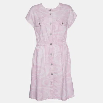 Pre-owned Chanel Pink Floral Denim Dress Fr 38