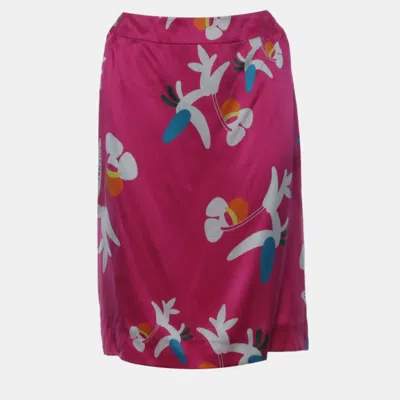 Pre-owned Chanel Pink Floral Logo Printed Silk Skirt