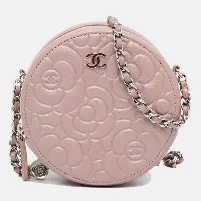 Pre-owned Chanel Pink Goatskin Camellia Round Clutch With Chain