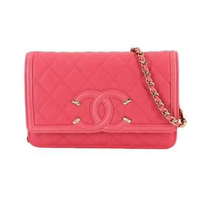Pre-owned Chanel Pink Grained Calfskin Chain/shoulder Wallet ()