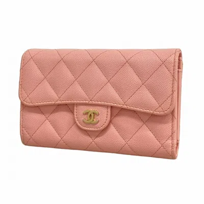 Pre-owned Chanel Pink Grained Calfskin Long Wallet (tri-fold) ()