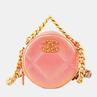 Pre-owned Chanel Pink Iridescent Lambskin 19 Round Clutch With Chain