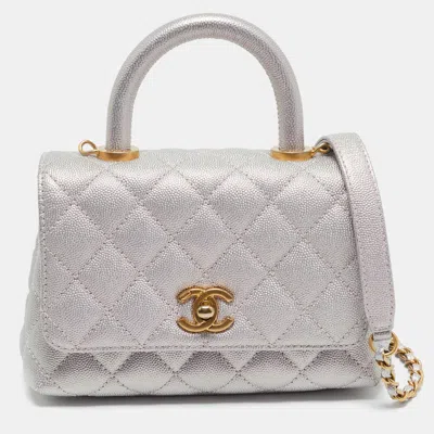 Pre-owned Chanel Pink Iridescent Quilted Caviar Leather Extra Mini Coco Top Handle Bag