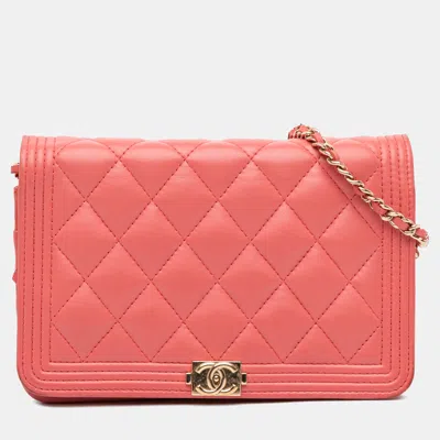 Pre-owned Chanel Pink Lambskin Boy Wallet On Chain