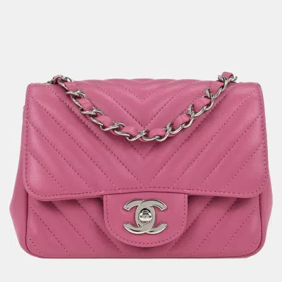 Pre-owned Chanel Pink Lambskin Chevron Mini Classic Square Flap Bag