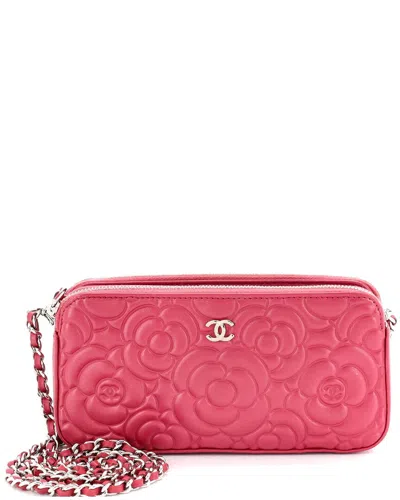 Pre-owned Chanel Pink Lambskin Double Zip Clutch With Chain (authentic Pre-loved)