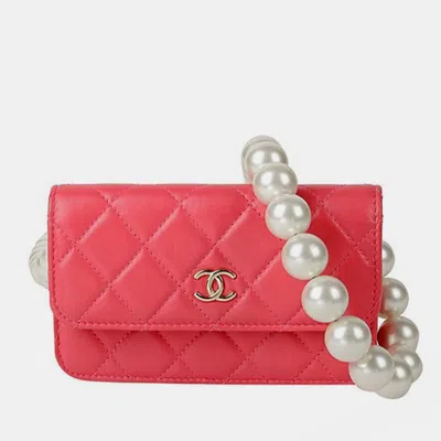 Pre-owned Chanel Pink Lambskin Leather Pearl Strap Mini Wallet On Chain