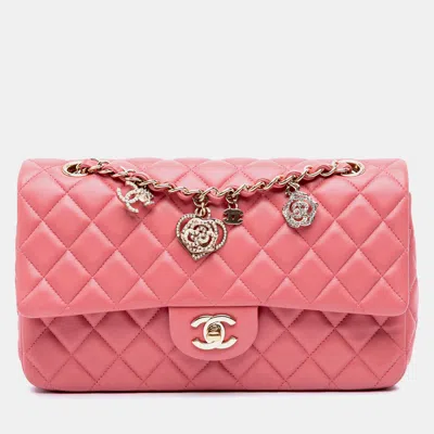 Pre-owned Chanel Pink Lambskin Valentine Heart Charms Single Flap Bag