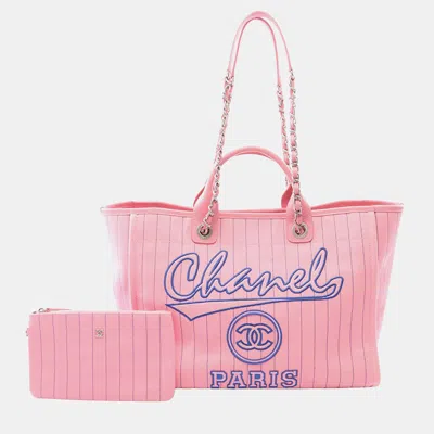Pre-owned Chanel Pink Large Canvas Pinstriped Deauville Tote