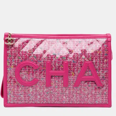 Pre-owned Chanel Pink Large Tweed Pvc Logo Wristlet Pouch