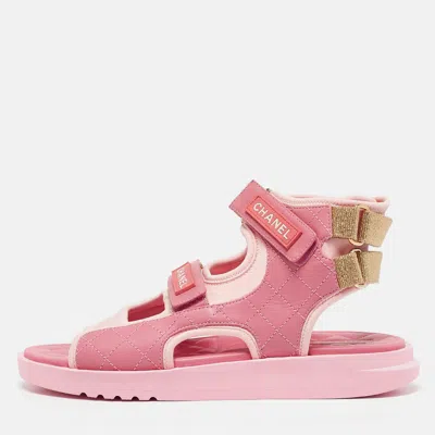 Pre-owned Chanel Pink Leather And Neoprene Gladiator Flat Sandals Size 39.5