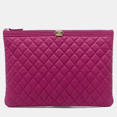 Pre-owned Chanel Pink Leather Boy Caviar Clutch Large