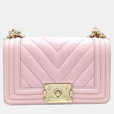 Pre-owned Chanel Pink Leather Caviar Chevron Boy Bag Small