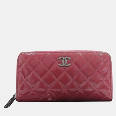 Pre-owned Chanel Pink Leather Cc Patent Zip Around Long Wallet