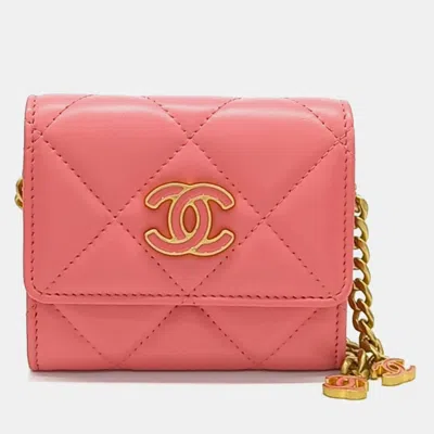 Pre-owned Chanel Pink Leather Chain Card Holder