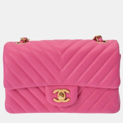 Pre-owned Chanel Pink Leather Chevron Classic Rectangular Mini Flap Bag