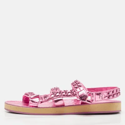 Pre-owned Chanel Pink Leather Dad Flat Sandals Size 40
