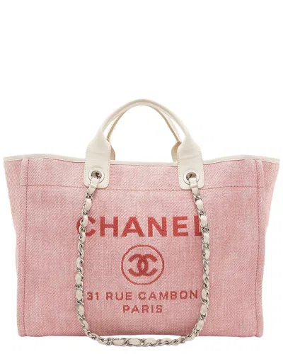 Pre-owned Chanel Pink Leather, Nylon & Straw Deauville Medium Tote (authentic Pre-loved)