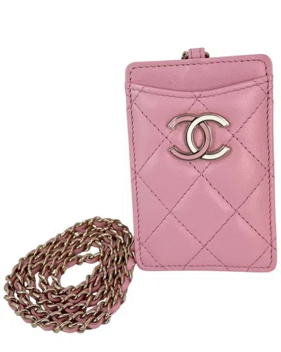 Pre-owned Chanel Pink Leather Quilted Card Holder On A Chain (authentic Pre-loved)