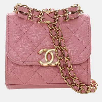 Pre-owned Chanel Pink Mini Cc Quilted Caviar Top Handle Clutch With Chain