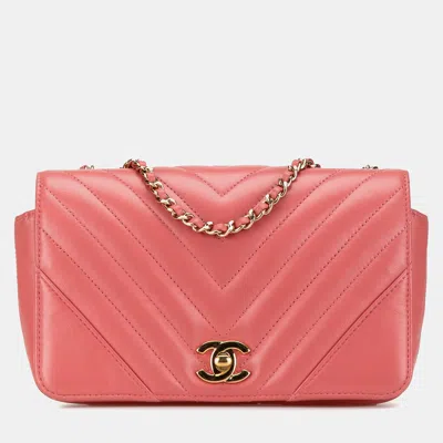Pre-owned Chanel Pink Mini Chevron Calfskin Statement Flap