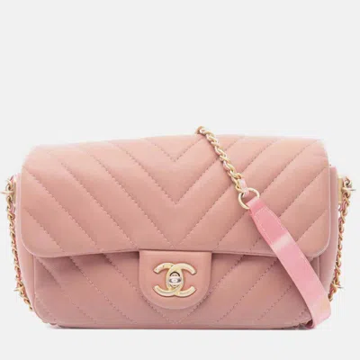 Pre-owned Chanel Pink Mini Rectangular Chevron Lambskin Chain Around Flap