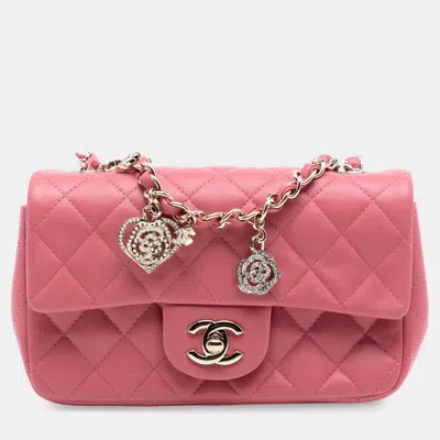 Pre-owned Chanel Pink Mini Rectangular Classic Lambskin Valentines Heart Charms Single Flap