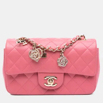 Pre-owned Chanel Pink Mini Rectangular Lambskin Valentine Heart Charms Single Flap Bag