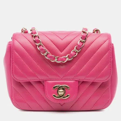 Pre-owned Chanel Pink Mini Square Classic Chevron Lambskin Single Flap