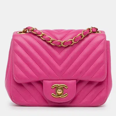 Pre-owned Chanel Pink Mini Square Classic Chevron Lambskin Single Flap