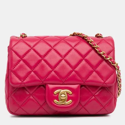 Pre-owned Chanel Pink Mini Square Classic Lambskin Pearl Crush Single Flap