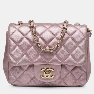 Pre-owned Chanel Pink Mini Square Classic Metallic Calfskin Single Flap