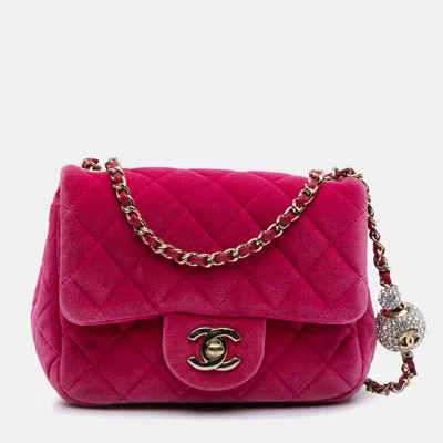 Pre-owned Chanel Pink Mini Square Classic Velvet Pearl Crush Single Flap