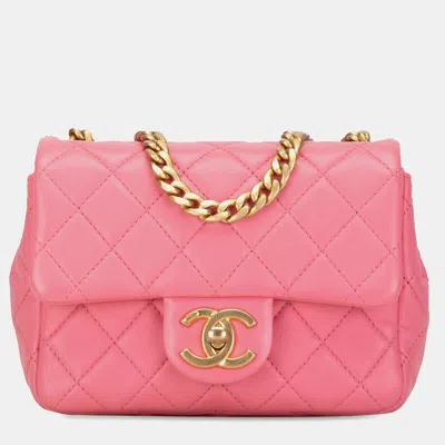 Pre-owned Chanel Pink Mini Square Lambskin Pearl Samba Flap