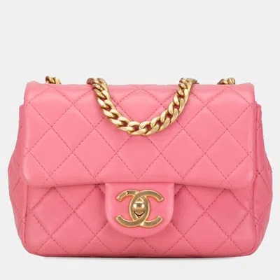 Pre-owned Chanel Pink Mini Square Lambskin Pearl Samba Flap