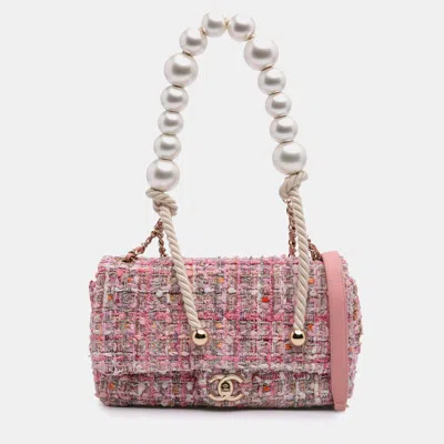 Pre-owned Chanel Pink Mini Tweed Pearl Top Handle Flap