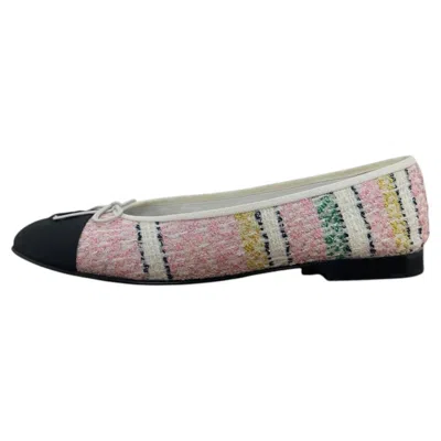 Pre-owned Chanel Pink Multicolor & Black Tweed & Grosgrain Cap Toe Cc Ballerina Flat Sz 39