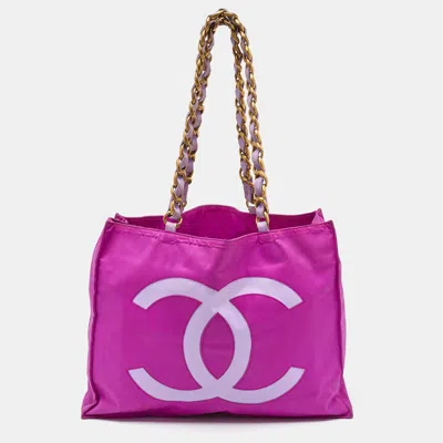 Pre-owned Chanel Pink Nylon Vintage Cc Logo Shopper Tote
