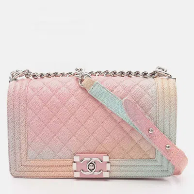 Pre-owned Chanel Pink Old Medium Quilted Caviar Rainbow Boy Flap