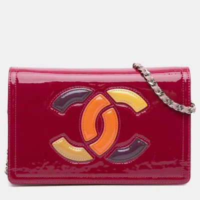Pre-owned Chanel Pink Patent Cc Lipstick Wallet On Chain