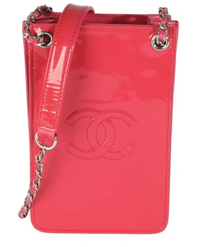 Pre-owned Chanel Pink Patent Leather Cc Phone Holder With Chain (authentic Pre-loved)