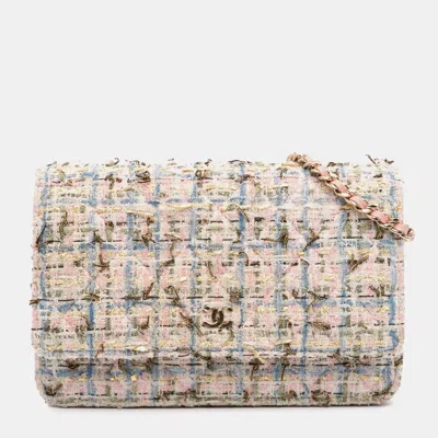 Pre-owned Chanel Pink Quilted Boucle Tweed Charm Wallet On Chain