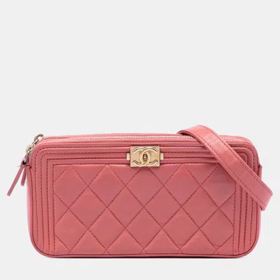 Pre-owned Chanel Pink Quilted Caviar Boy Double Zip Clutch With Chain